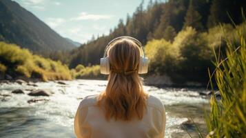 ai généré la musique thérapie, harmonie, mental santé concept. jolie Jeune femme profiter la musique avec écouteurs en plein air. femme portant écouteurs profiter la musique et bien ambiance photo