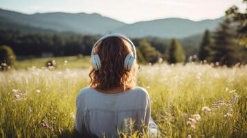 ai généré la musique thérapie, harmonie, mental santé concept. jolie Jeune femme profiter la musique avec écouteurs en plein air. femme portant écouteurs profiter la musique et bien ambiance photo