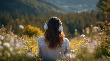 ai généré la musique thérapie, harmonie, mental santé concept. jolie Jeune femme profiter la musique avec écouteurs en plein air. femme portant écouteurs profiter la musique et bien ambiance photo