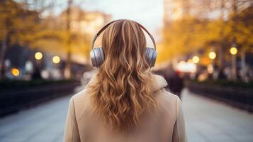 ai généré la musique thérapie, harmonie, mental santé concept. jolie Jeune femme profiter la musique avec écouteurs en plein air. femme portant écouteurs profiter la musique et bien ambiance photo