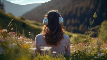 ai généré la musique thérapie, harmonie, mental santé concept. jolie Jeune femme profiter la musique avec écouteurs en plein air. femme portant écouteurs profiter la musique et bien ambiance photo