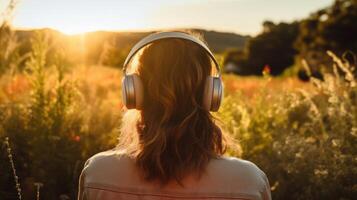 ai généré la musique thérapie, harmonie, mental santé concept. jolie Jeune femme profiter la musique avec écouteurs en plein air. femme portant écouteurs profiter la musique et bien ambiance photo