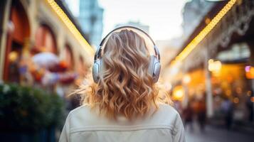 ai généré la musique thérapie, harmonie, mental santé concept. jolie Jeune femme profiter la musique avec écouteurs en plein air. femme portant écouteurs profiter la musique et bien ambiance photo