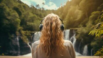 ai généré la musique thérapie, harmonie, mental santé concept. jolie Jeune femme profiter la musique avec écouteurs en plein air. femme portant écouteurs profiter la musique et bien ambiance photo