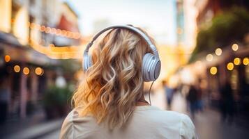 ai généré la musique thérapie, harmonie, mental santé concept. jolie Jeune femme profiter la musique avec écouteurs en plein air. femme portant écouteurs profiter la musique et bien ambiance photo