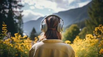 ai généré la musique thérapie, harmonie, mental santé concept. jolie Jeune femme profiter la musique avec écouteurs en plein air. femme portant écouteurs profiter la musique et bien ambiance photo