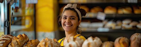 ai généré une boulanger dans une boulangerie, elle est cuisson pain avec une sourire photo