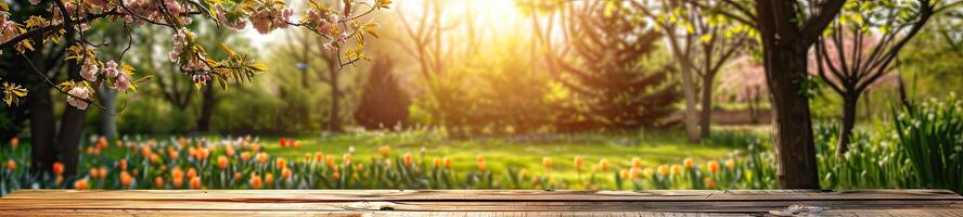 ai généré printemps table avec des arbres dans Floraison et défocalisé ensoleillé jardin dans Contexte photo