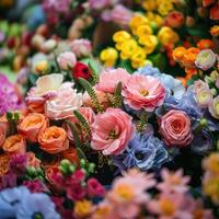 ai généré bouquet de Frais coloré fleurs sur afficher photo