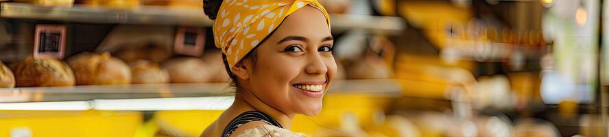 ai généré une boulanger dans une boulangerie, elle est cuisson pain avec une sourire photo