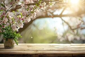 ai généré printemps table avec des arbres dans Floraison et défocalisé ensoleillé jardin dans Contexte photo