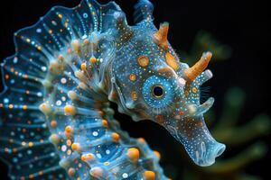 ai généré le Marin hippocampe brille avec luminescent contre de le foncé mer professionnel la photographie photo