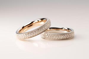 ai généré élégant mariage anneaux avec diamant sur une réfléchissant surface photo