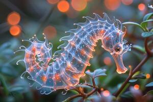 ai généré le Marin hippocampe brille avec luminescent contre de le foncé mer professionnel la photographie photo