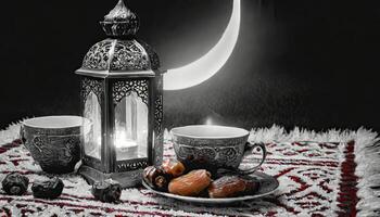 ai généré traditionnel Ramadan et eid lanterne lampe avec croissant lune, Rendez-vous et des fruits dans une bol sur tapis, généré ai photo