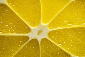 ai généré fermer de une Frais citron tranche avec l'eau gouttelettes, vibrant et juteux photo