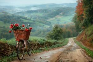 ai généré bicyclette balade par le campagne avec une fleurs dans le bicyclette panier professionnel la photographie photo