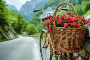 ai généré bicyclette balade par le campagne avec une fleurs dans le bicyclette panier professionnel la photographie photo