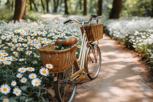 ai généré bicyclette balade par le campagne avec une fleurs dans le bicyclette panier professionnel la photographie photo