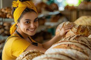 ai généré une boulanger dans une boulangerie, elle est cuisson pain avec une sourire photo