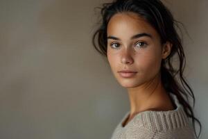 ai généré une étourdissant Jeune femme dégage la grâce et séduire comme elle grèves une pose pour le caméra, rayonnant confiance et beauté. photo