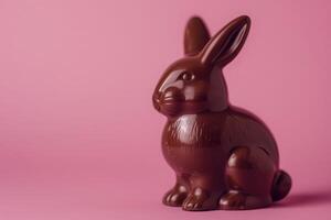 ai généré une brillant Chocolat lapin pacifiquement est assis sur une doux rose arrière-plan, exsudant élégance et charme. photo