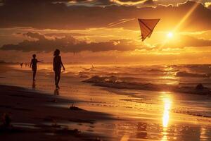 ai généré une couple de personnes sont vu en volant une coloré cerf-volant tandis que permanent sur une sablonneux plage contre une serein le coucher du soleil toile de fond. photo