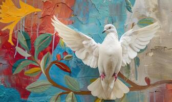 ai généré fermer de une blanc Pigeon avec ses ailes plié dans de face de une coloré mural représentant une Colombe porter un olive branche comme une symbole de paix photo