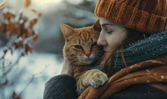 ai généré Jeune femme avec une gingembre chat dans une hiver parc. concentrer sur le chat photo