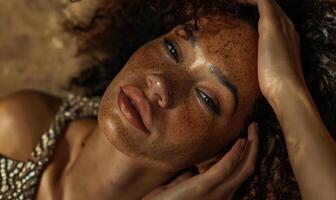 ai généré proche en haut portrait de une magnifique africain américain femme avec taches de rousseur photo