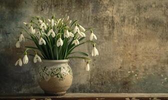 ai généré perce-neige bouquet dans une ancien vase photo