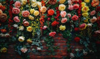 ai généré magnifique rose et Jaune fleurs sur le brique mur, ancien style photo