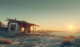 ai généré abandonné maison dans le désert à le coucher du soleil. photo