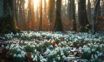 ai généré perce-neige dans une forêt clairière, printemps la nature Contexte photo