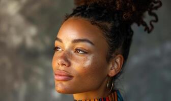 ai généré portrait de une magnifique Jeune africain américain femme avec frisé cheveux photo