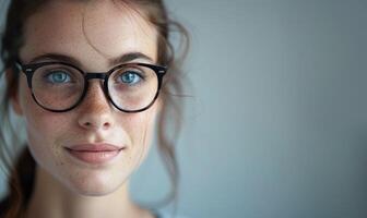 ai généré portrait de une magnifique Jeune femme avec taches de rousseur et des lunettes photo