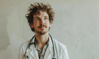 ai généré portrait de une Jeune Masculin médecin avec une stéthoscope. photo