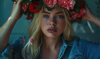 ai généré magnifique Jeune femme dans une couronne de fleurs sur sa tête photo