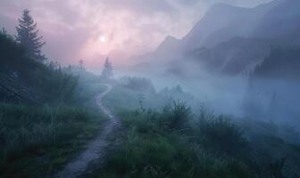 ai généré mystérieux foncé forêt avec moussu des arbres et brouillard dans le Contexte photo