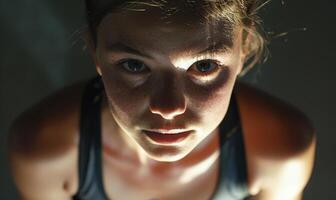 ai généré fermer portrait de une Jeune magnifique femme dans tenue de sport photo