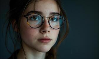 ai généré proche en haut portrait de magnifique Jeune femme avec longue cheveux et lunettes. photo