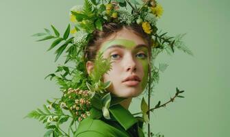 ai généré portrait de magnifique fille avec floral couronne sur tête sur vert Contexte photo