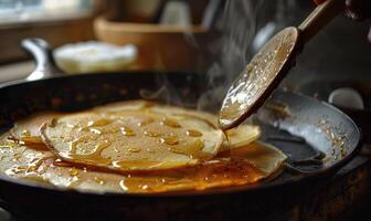 ai généré Crêpes avec beurre et mon chéri sur une friture la poêle sur le le fourneau photo