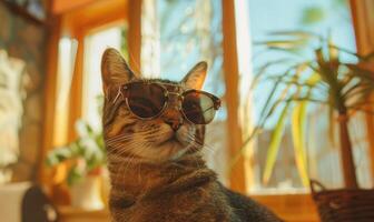 ai généré mignonne chat portant des lunettes de soleil mensonge sur canapé dans vivant pièce à Accueil photo