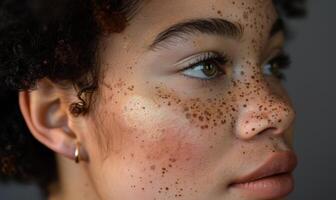 ai généré fermer portrait de une magnifique fille avec taches de rousseur sur sa visage photo