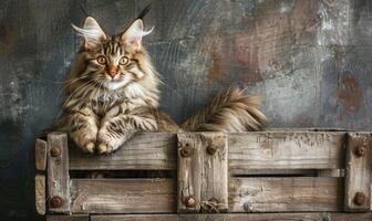 ai généré Maine nègre chat séance fièrement un haut une rustique en bois Caisse photo