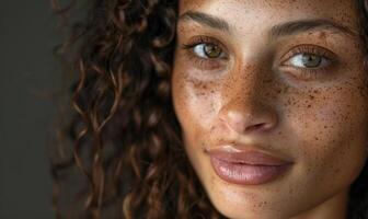 ai généré proche en haut portrait de une magnifique Jeune femme avec taches de rousseur sur sa visage photo