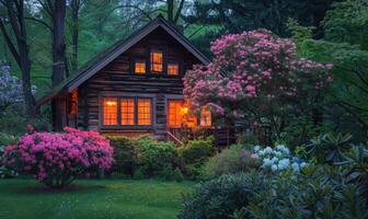 ai généré soir lueur éclairant le façade de une élégant en bois cabine niché parmi épanouissement azalées et rhododendrons dans une printemps jardin photo