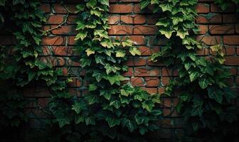 ai généré vieux brique mur avec vert lierre feuilles. Naturel ancien Contexte. photo