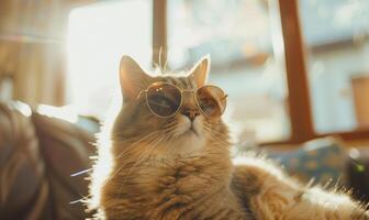 ai généré mignonne chat dans des lunettes de soleil séance sur canapé à maison. relaxant chat. photo